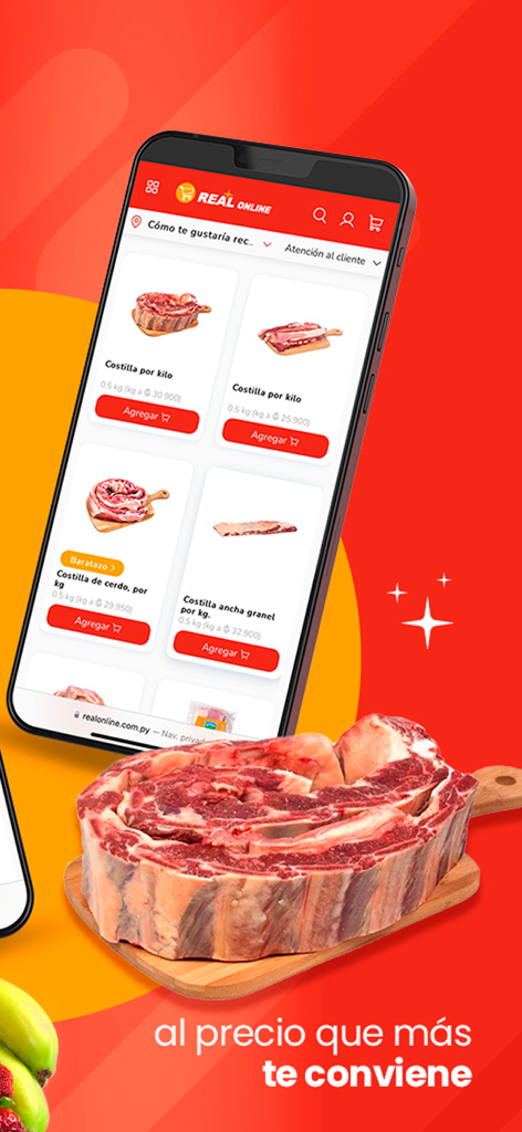 Real online - Interface de l'application mobile Real Online montrant des produits de viande fraîche et des prix compétitifs.