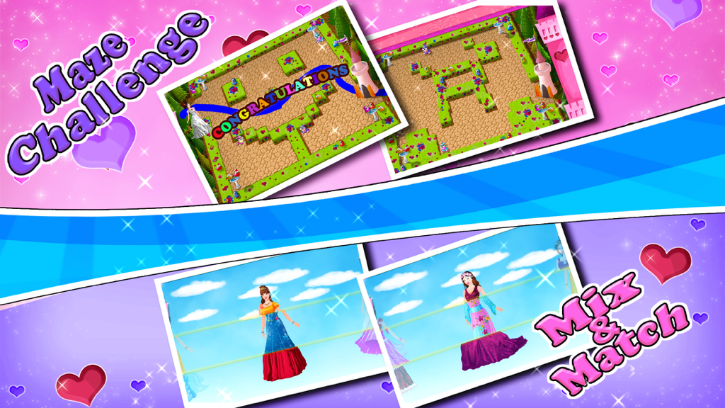 Little Princess Coloring Book! - Gameplay features of Little Princess Coloring Book showing Maze Challenge and Mix and Match puzzles