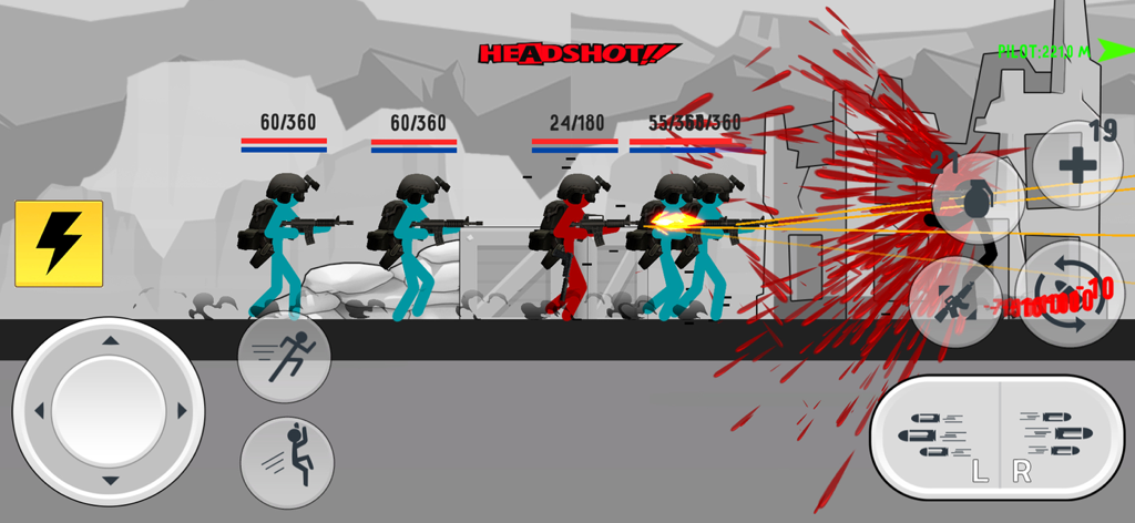 Stick Warfare Battle Strike - Stick figure soldiers engaging in a fast-paced shootout with a headshot notification and blood effects in an arena shooter.