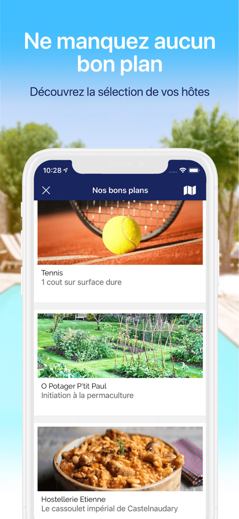 Happy House - Happy House app interface showing host recommendations for tennis, permaculture, and local dining