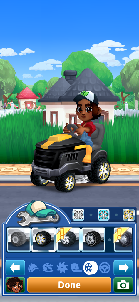 It's Literally Just Mowing - 黒い乗用芝刈り機に乗った女性キャラクターが、ホイールカスタマイズメニューを表示している家の前にいる。