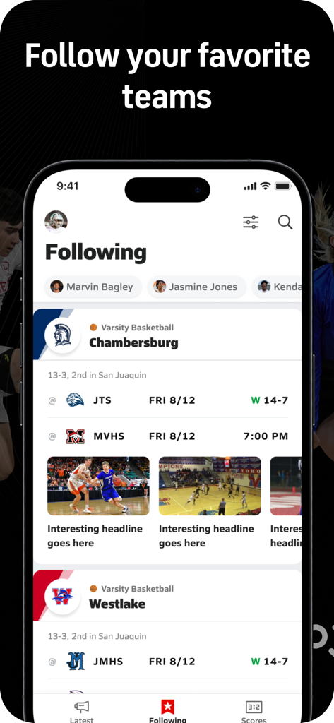 MaxPreps: High School Sports - MaxPrepsアプリの画面。フォロー中の高校スポーツチームと試合スケジュールを表示