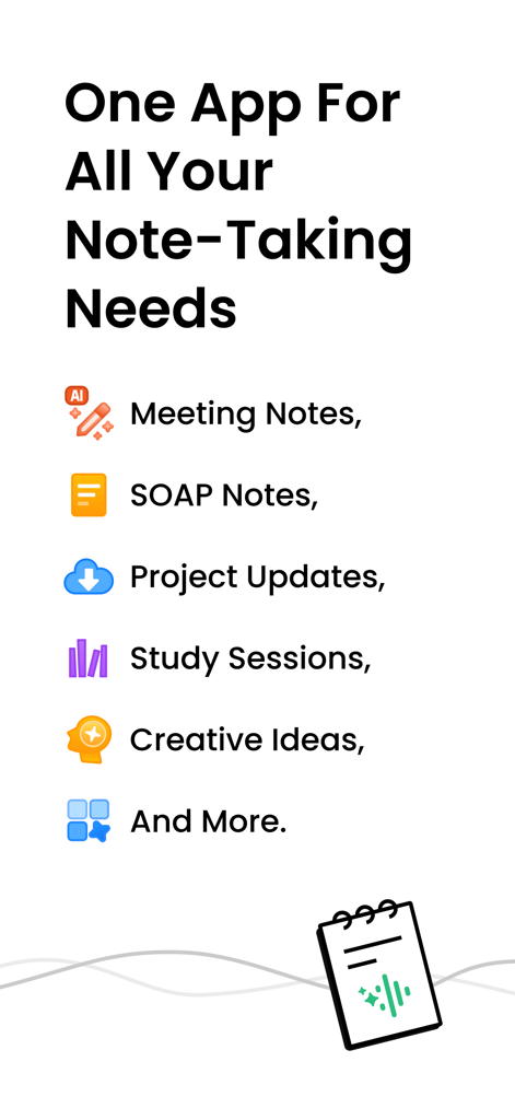 Une liste de catégories de prise de notes dans l'application VOMO, incluant Notes de Réunion, Notes SOAP et Sessions d'Étude.