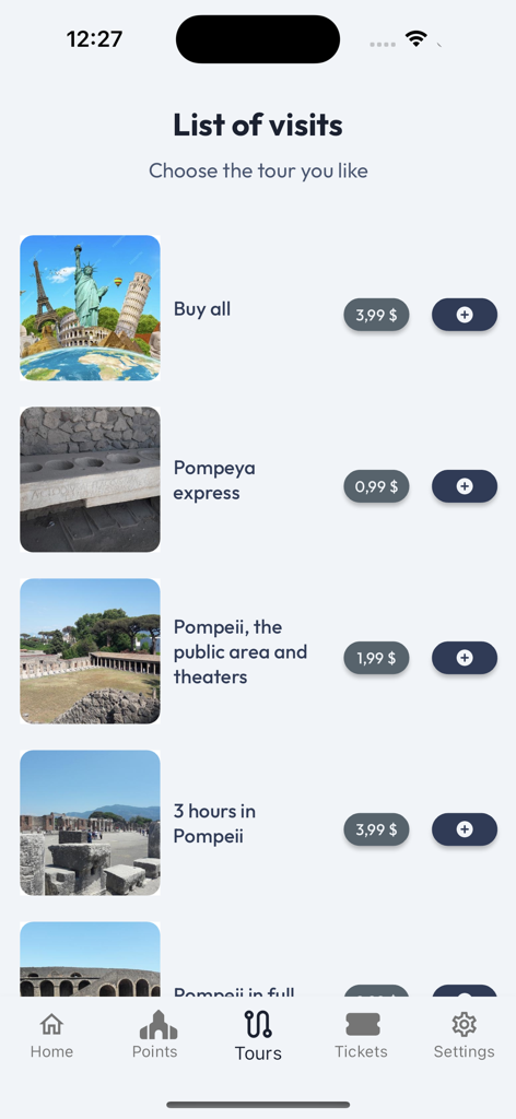 Una pantalla que muestra varios itinerarios de tours de Pompeya con diferentes duraciones y opciones de precios.