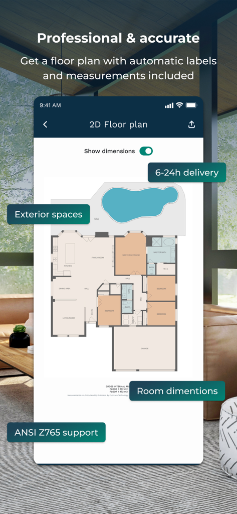 CubiCasa | 2D & 3D Floor Plans - CubiCasa app interface showing a professional 2D floor plan with room dimensions and labels