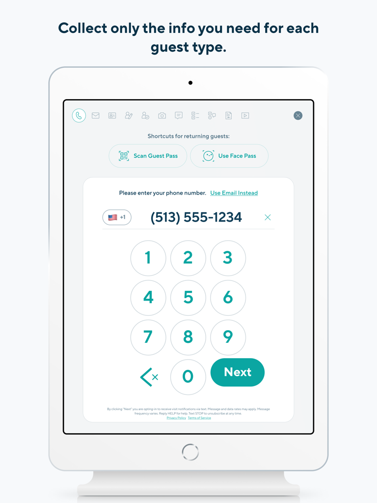 Digital visitor sign-in interface on an iPad for Verkada Guest showing phone number entry and returning guest shortcuts