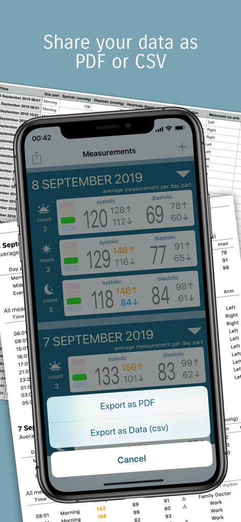 Tension Diary - Pantalla de iPhone que muestra la aplicación Diario de Tensión con opciones para exportar mediciones de presión arterial como archivos PDF o CSV