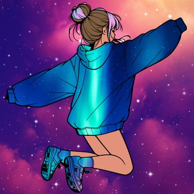 realistic girl jumping with a bun and oversized sweatshirt