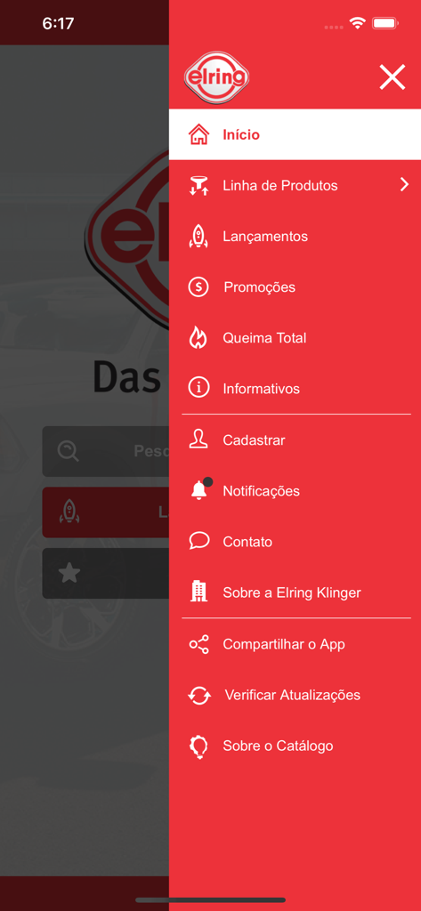 Catálogo Elring - Das Original - Menu di navigazione laterale dell'app Catalogo Elring che mostra le linee di prodotto e le sezioni informative