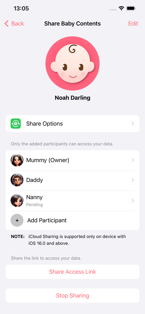 Newborn Tracker Baby App adamo - Adamoベビートラッカーアプリの共有画面。iCloud共有を介して複数の養育者を管理するための画面が表示されています。