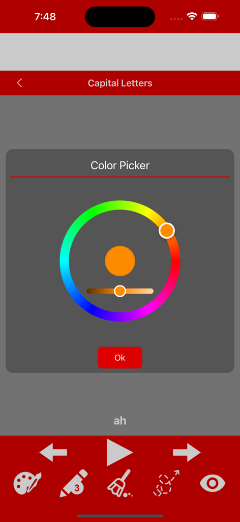 Write German Alphabet - ドイツ文字学習アプリの鉛筆色の選択用カラーホイールインターフェース。