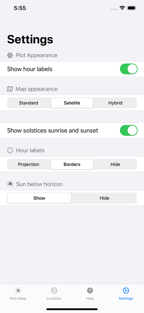 Sun Focus - The settings menu of the Sun Focus app featuring plot and map customization options including satellite view and solstice toggles.
