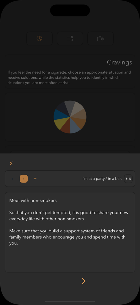 Quit Smoking --~ Smoke Free - Una interfaz de aplicación móvil que muestra estadísticas de antojos de fumar y consejos motivacionales para mantenerse libre de humo en eventos sociales.