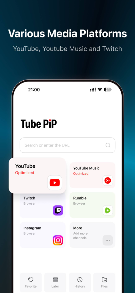 Home screen of Tube PiP app showing icons for YouTube YouTube Music and Twitch
