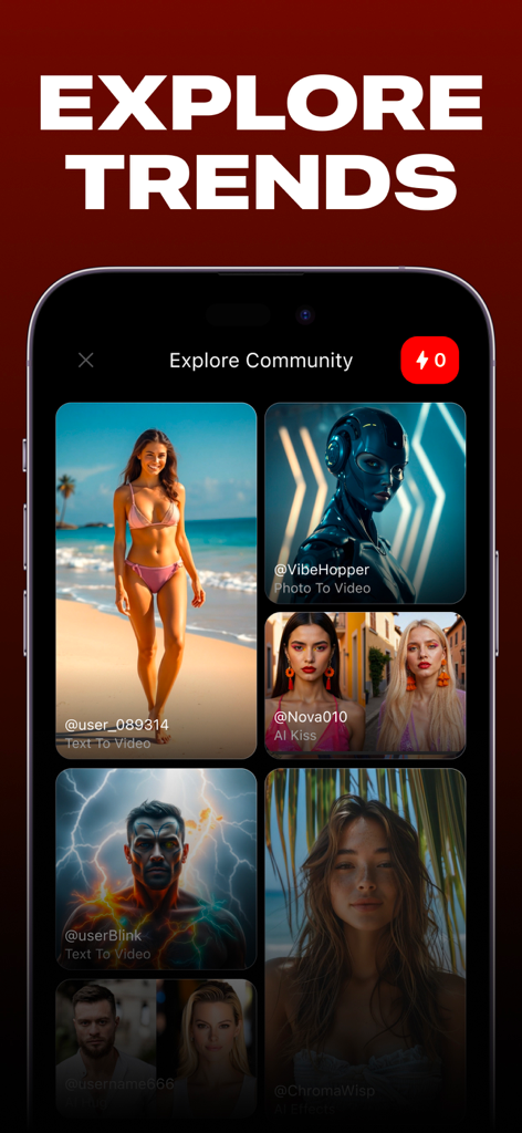 AI Video – AI Video Generator - Interfaz de aplicación móvil mostrando la pantalla Explorar comunidad con una cuadrícula de videos generados por IA de tendencia y animaciones de personajes