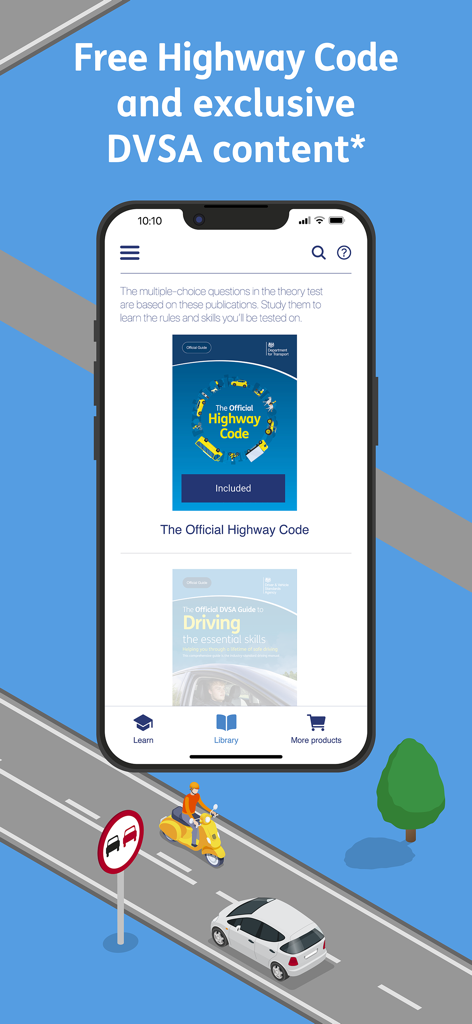 Library screen of the Official DVSA Theory Test Kit app showing the Highway Code and driving guide