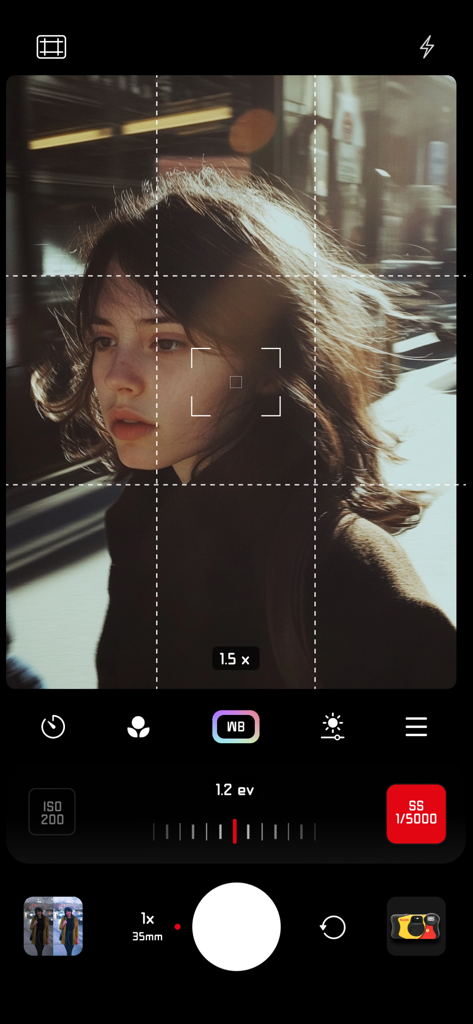 FilmRoll - Film Camera Recipe - Mobile app interface showing manual film camera controls for ISO and shutter speed over a cinematic portrait.