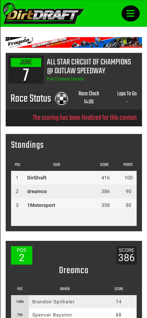 Dirt Draft - Dirt Draft app standings showing user leaderboard and driver scores for a fantasy race event