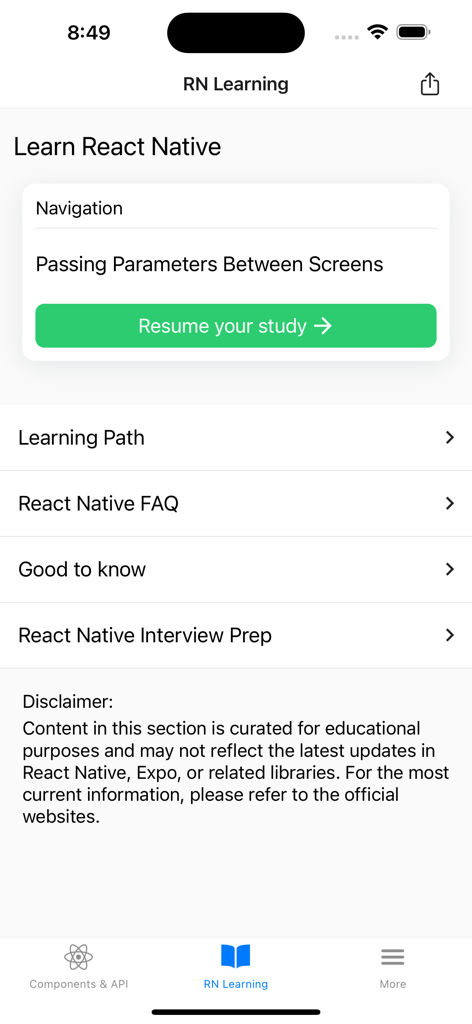 Learning section of the Expo and React Native components app showing study paths and interview preparation