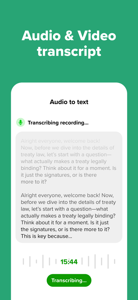 Nerdmask: Study Games - Nerdmaskアプリのスクリーンショット。条約法に関する講義の音声からテキストへの文字起こしを示しています。