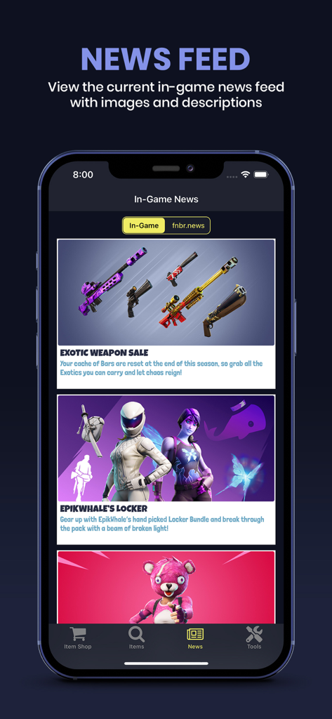 Mobile app screen for fnbr.co showing the Fortnite in-game news feed with current item updates and sales