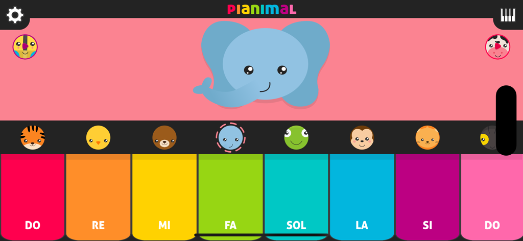Pianimal Wild - Colorful piano interface for children featuring a blue elephant and animal icons