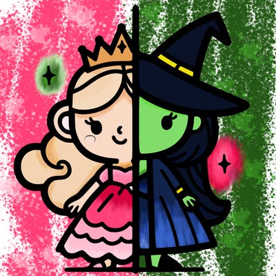 detailed split of a princess and a witch