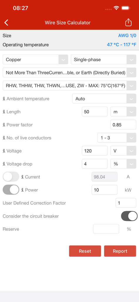 Interface of the Mobile Electrician app showing a wire size calculator with fields for conductor material, voltage, and current