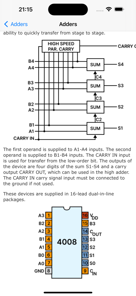Digital Electronics Guide - デジタル加算器回路の論理図と4008 ICのピン配置