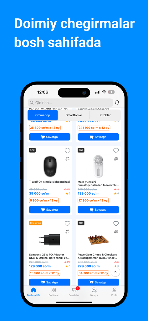 Asaxiy Market - Asaxiy Market mobile app interface showing various electronic products and household goods with discount labels in Uzbek language