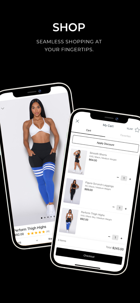 Bombshell Sportswear. - Two smartphone screens displaying the Bombshell Sportswear app with a model wearing fitness apparel and a shopping cart checkout interface.