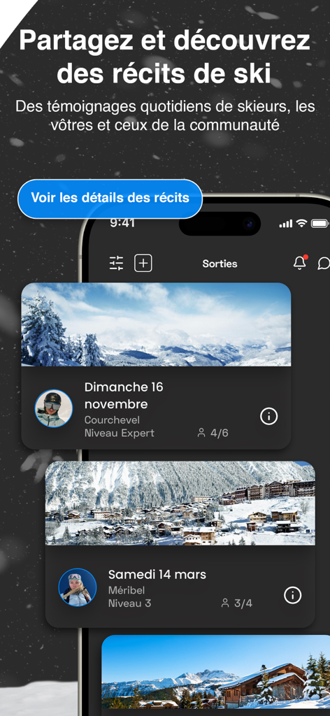 Winter Mate - The Winter Mate app community screen showing shared ski stories and upcoming mountain outings.