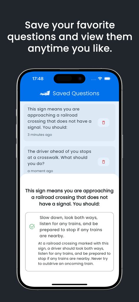 DMV Written Test Prep 2026 - Una pantalla de aplicación móvil que muestra la función de preguntas guardadas donde los usuarios pueden revisar preguntas de práctica del DMV marcadas y sus explicaciones