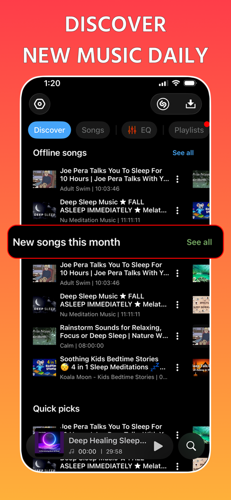 Offline Player: Music & MP3 - Discover section of the Offline Player app showing trending songs and sleep music playlists in dark mode