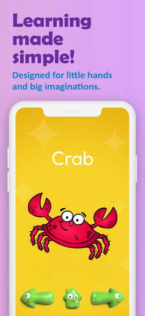 123 Fun FLASHCARDS Games - Cartoon crab flashcard for toddler vocabulary learning with simple navigation buttons