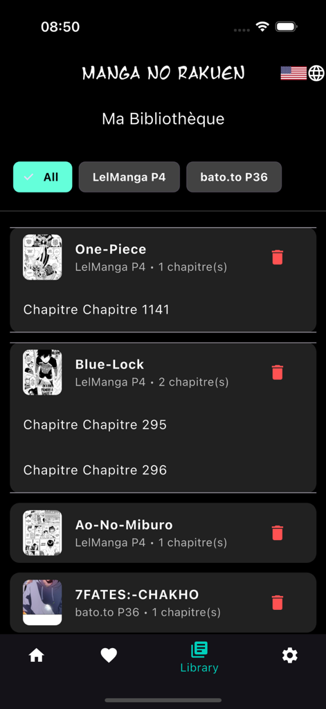 Manga No Rakuen - Pantalla de biblioteca de la aplicación Manga No Rakuen mostrando una lista de series de manga guardadas.