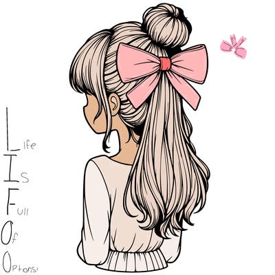 realistic girl  with hip length hair a bun and a big bow on the back of head