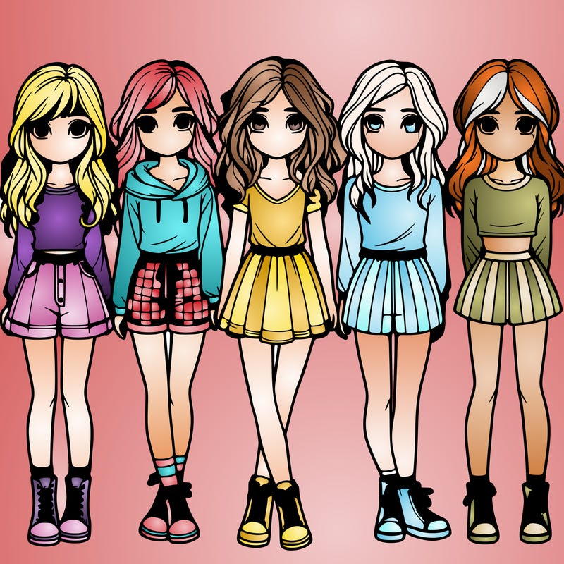 group of 6 realistic girls in a row