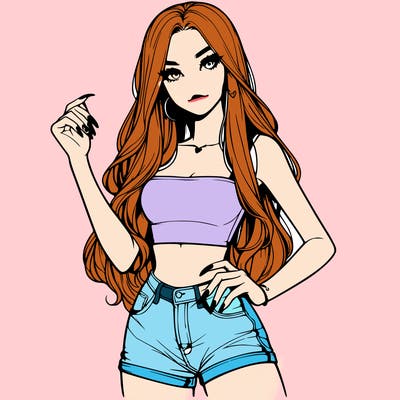 realistic pretty girl with long nails and wearing shorts and a crop top