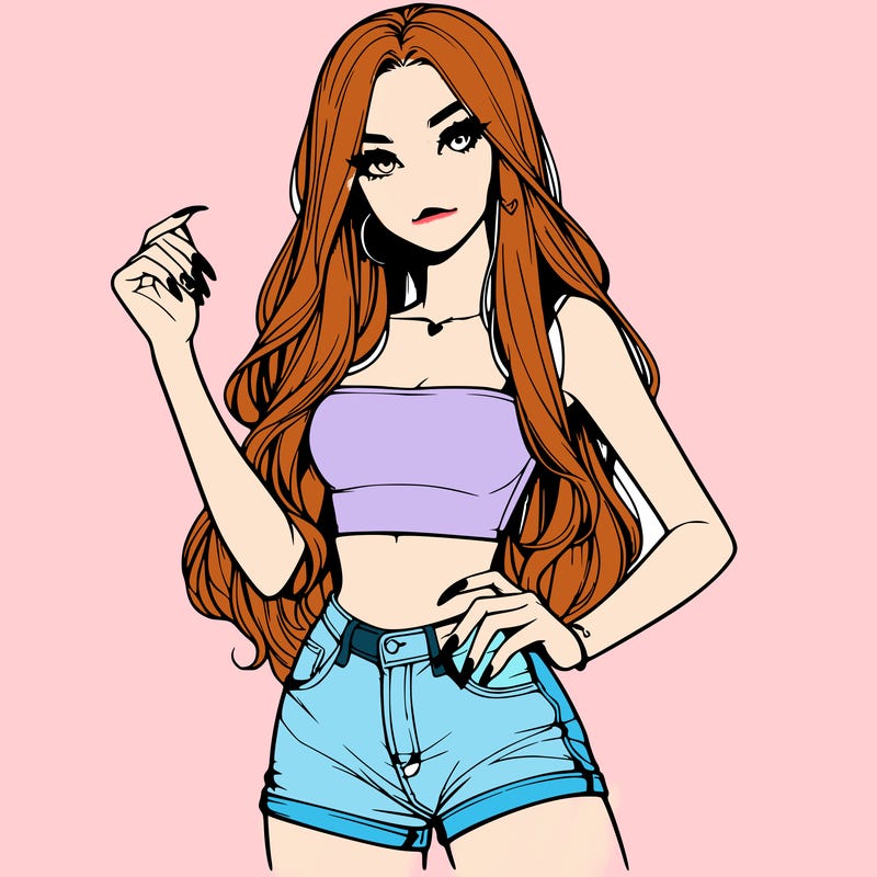 realistic pretty girl with long nails and wearing shorts and a crop top