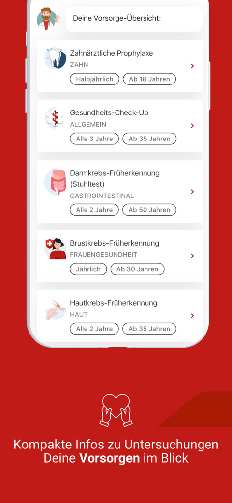 Generali Mobile Health - Una pantalla de aplicación móvil que muestra una lista de verificación de chequeos médicos preventivos como profilaxis dental y exámenes de detección de cáncer.