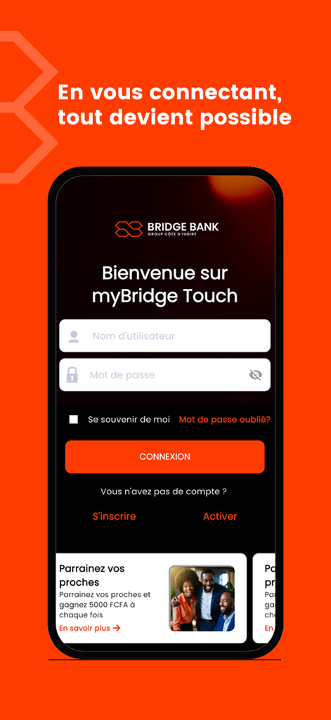 myBridge Touch - Pantalla de inicio de sesión de la aplicación de banca móvil myBridge Touch de Bridge Bank