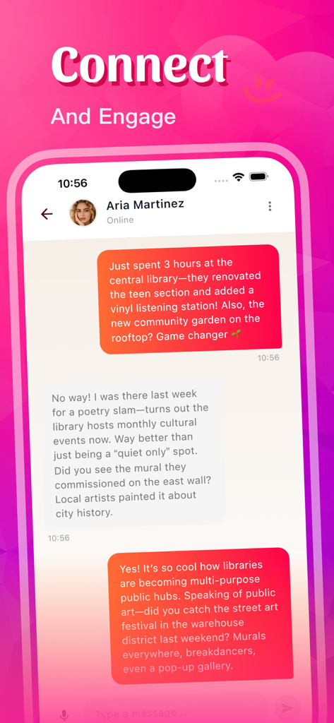 Tata - Chat, Explore, Fun - Tata app chat interface showing users discussing local library events and urban street art