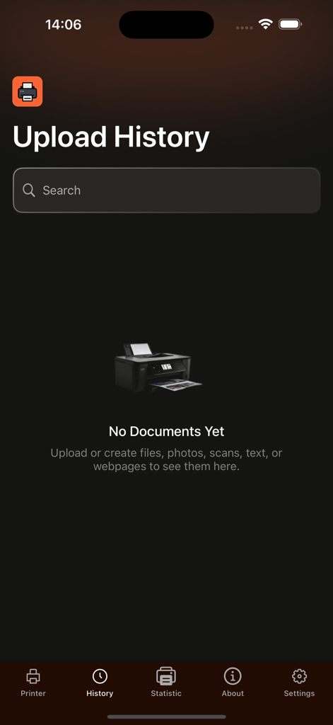 Printer for phone - air - Upload History screen of the Printer for phone app showing an empty state with a search bar and bottom navigation menu.