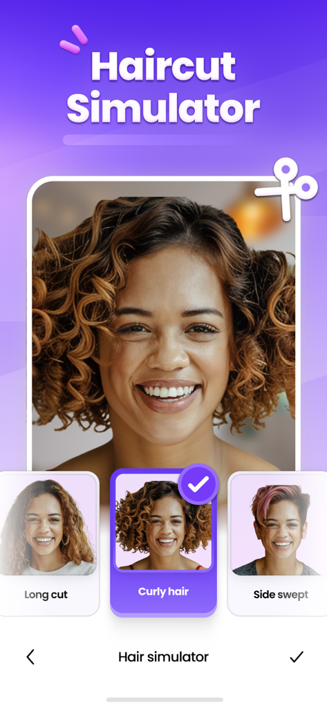 Hair Changer Editor AI Filters - Hair Changer app interface showing AI haircut simulator with different hairstyle options