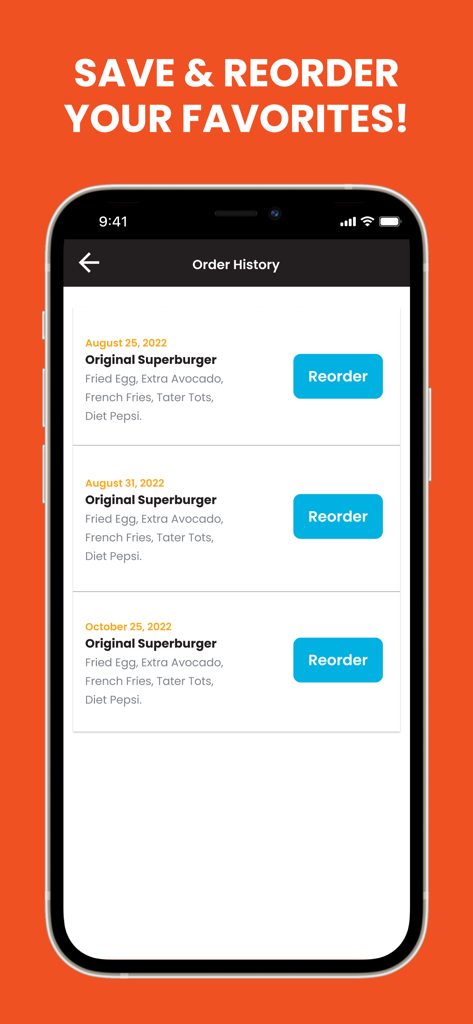 Eat'n Park app order history screen showing the option to reorder favorite meals like the Original Superburger