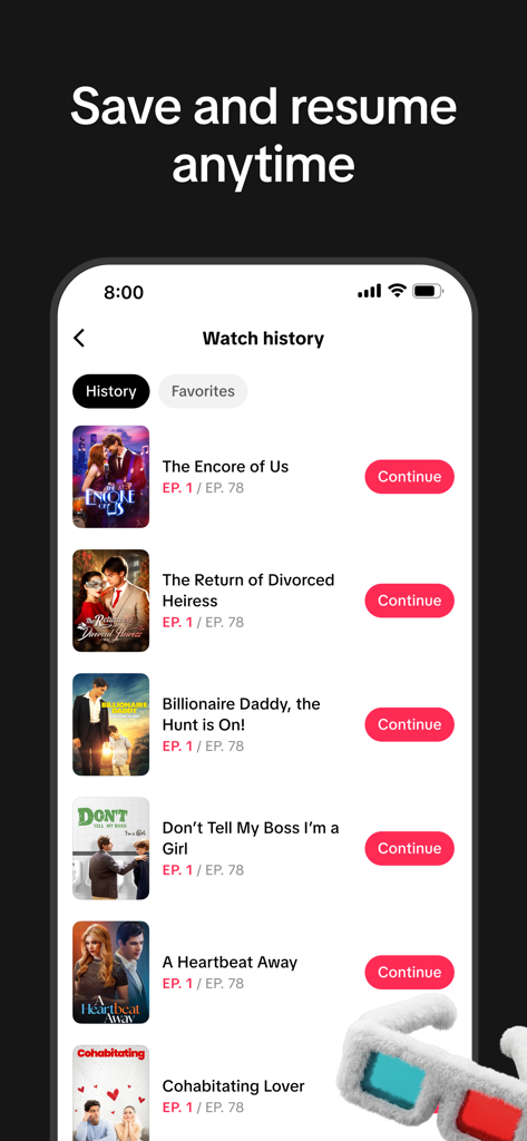 PineDrama app watch history interface displaying a list of short dramas with resume buttons