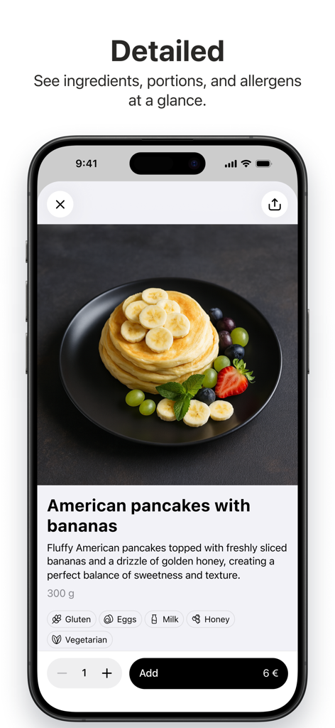 GlobalTips Guest - Detailed view of a menu item in the GlobalTips Guest app showing ingredients and allergens for pancakes.