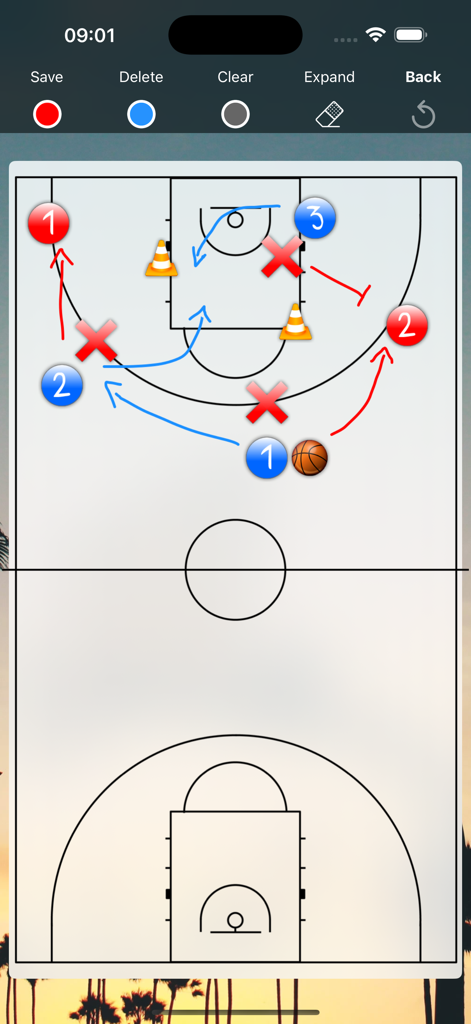 Digital basketball clipboard for drawing plays with player icons and movement arrows