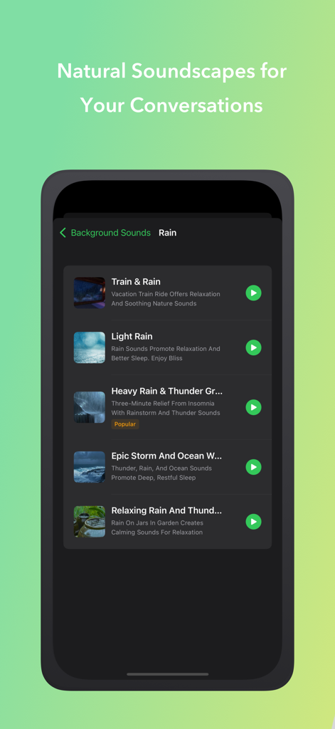 Magic Call Pro: AI Voices - Menu affichant différents sons d'ambiance de pluie et de tonnerre pour les conversations IA